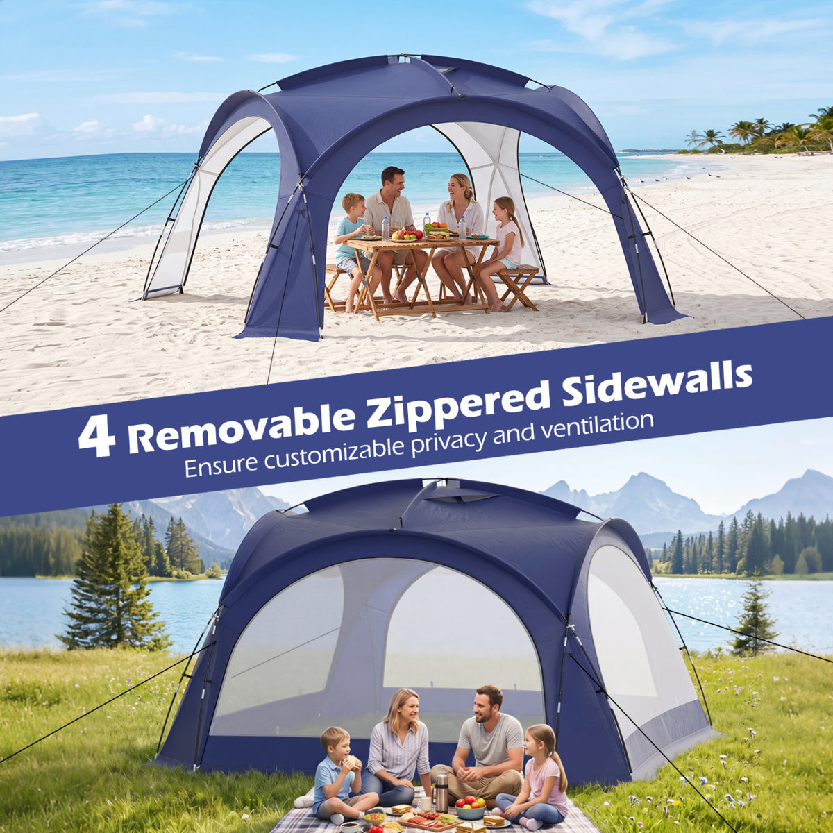 Beach Tent for 12-15 People Easy Setup Dome Canopy Tent with 4 Removable Zippered Sidewalls-Blue