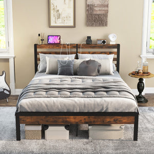 Full/Queen Size Bed Frame with Charging Station and Storage Headboard-Queen Size