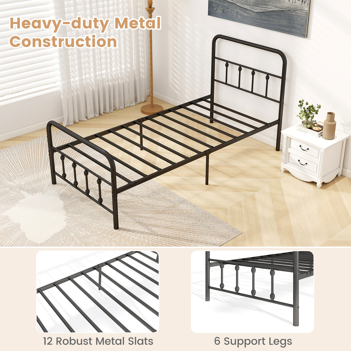 Bed Frame with Headboard and Under Bed Storage Black-Twin Size