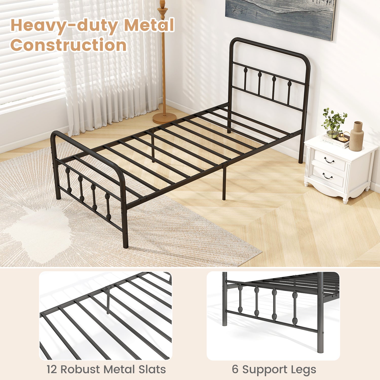 Bed Frame with Headboard and Under Bed Storage Black-Twin Size