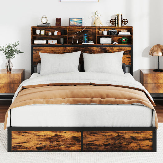 Twin/Full/Queen/King Size Bed Frame with Storage Headboard Industrial Metal Platform Bed-Queen Size