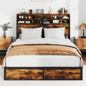 Twin/Full/Queen/King Size Bed Frame with Storage Headboard Industrial Metal Platform Bed-Queen Size