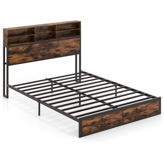 Twin/Full/Queen/King Size Bed Frame with Storage Headboard Industrial Metal Platform Bed-Queen Size