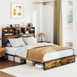 Twin/Full/Queen/King Size Bed Frame with Storage Headboard Industrial Metal Platform Bed-Queen Size