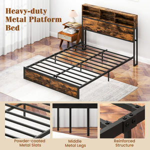 Twin/Full/Queen/King Size Bed Frame with Storage Headboard Industrial Metal Platform Bed-Queen Size