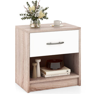 Bedside Table Nightstand with Drawer and Open Storage Shelf-Natural & White