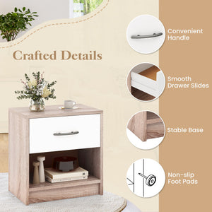 Bedside Table Nightstand with Drawer and Open Storage Shelf-Natural & White