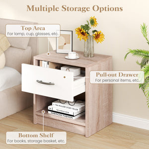 Bedside Table Nightstand with Drawer and Open Storage Shelf-Natural & White