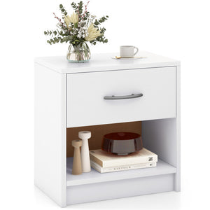 Bedside Table Nightstand with Drawer and Open Storage Shelf-White