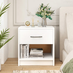 Bedside Table Nightstand with Drawer and Open Storage Shelf-White