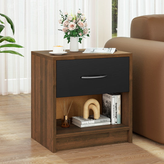 Bedside Table Nightstand with Drawer and Open Storage Shelf-Brown