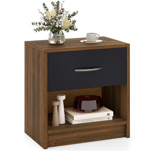 Bedside Table Nightstand with Drawer and Open Storage Shelf-Brown