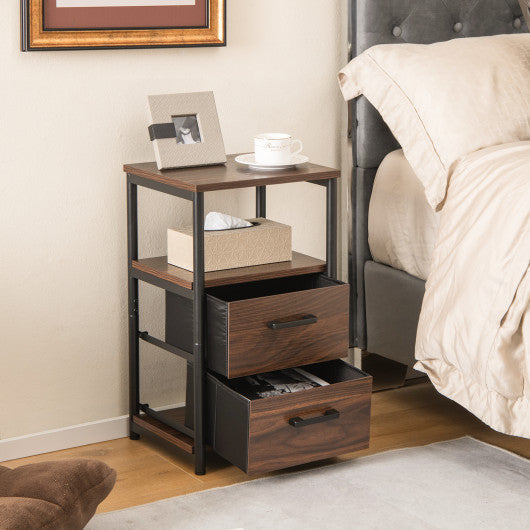 Bedside Table Set of 2 with Removable Fabric Drawers and Metal Frame-Walnut