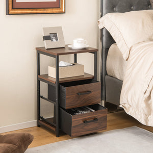 Bedside Table Set of 2 with Removable Fabric Drawers and Metal Frame-Walnut