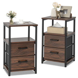 Bedside Table Set of 2 with Removable Fabric Drawers and Metal Frame-Walnut
