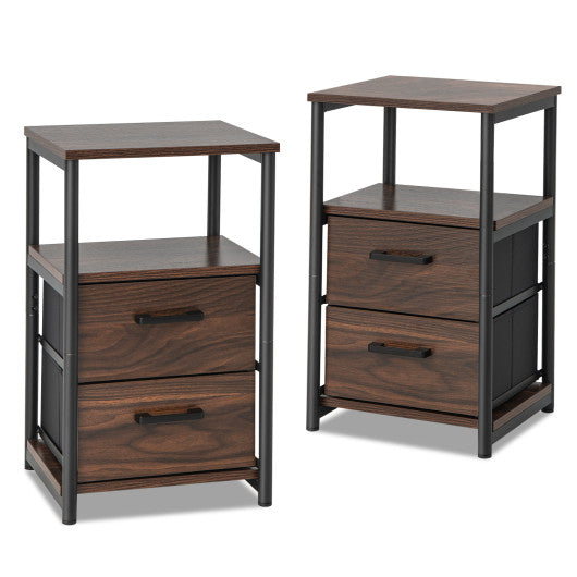 Bedside Table Set of 2 with Removable Fabric Drawers and Metal Frame-Walnut