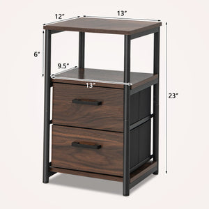 Bedside Table Set of 2 with Removable Fabric Drawers and Metal Frame-Walnut