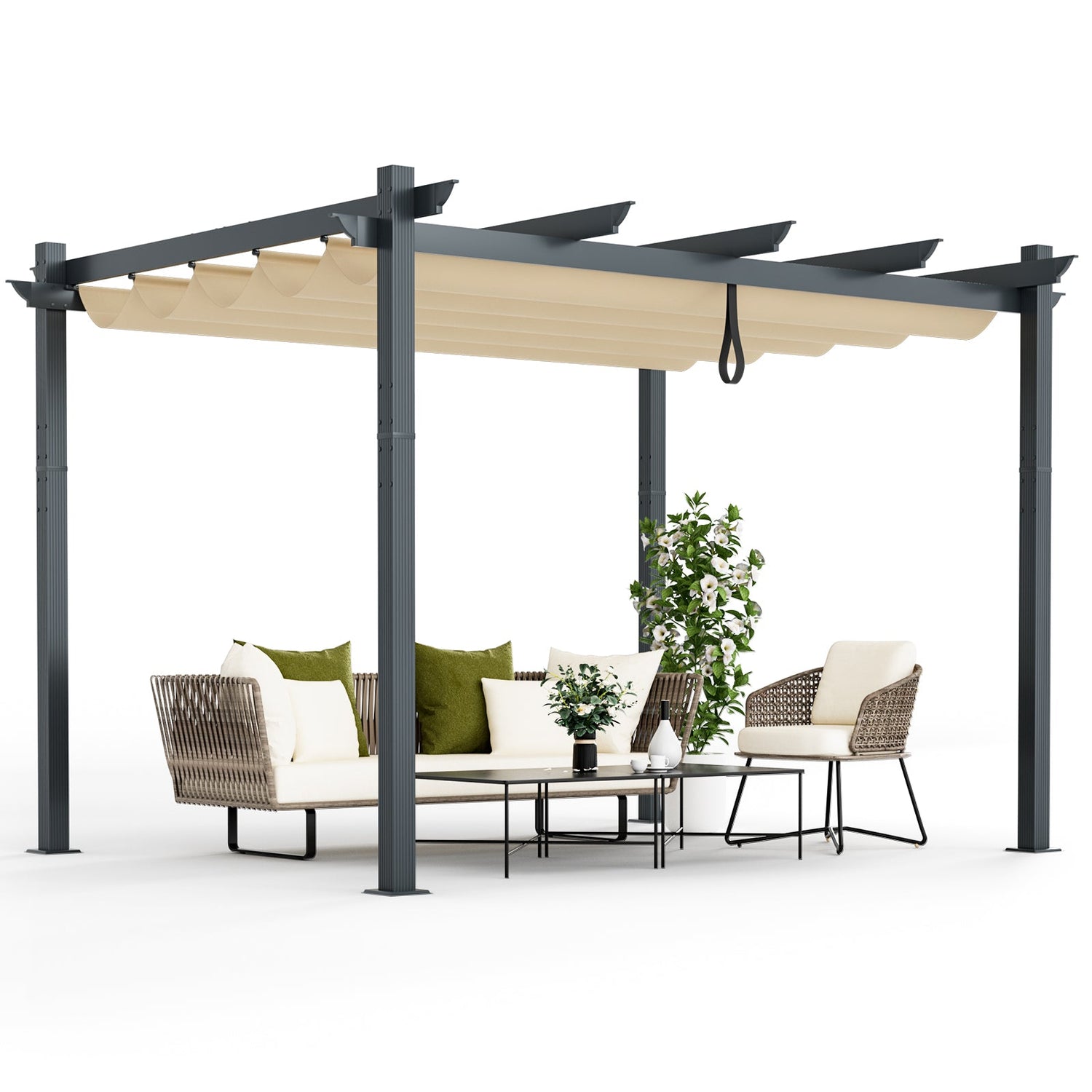 10 x 12 Feet Outdoor Aluminum Retractable Pergola Canopy Shelter Grape Trellis-Beige by DirectDeals