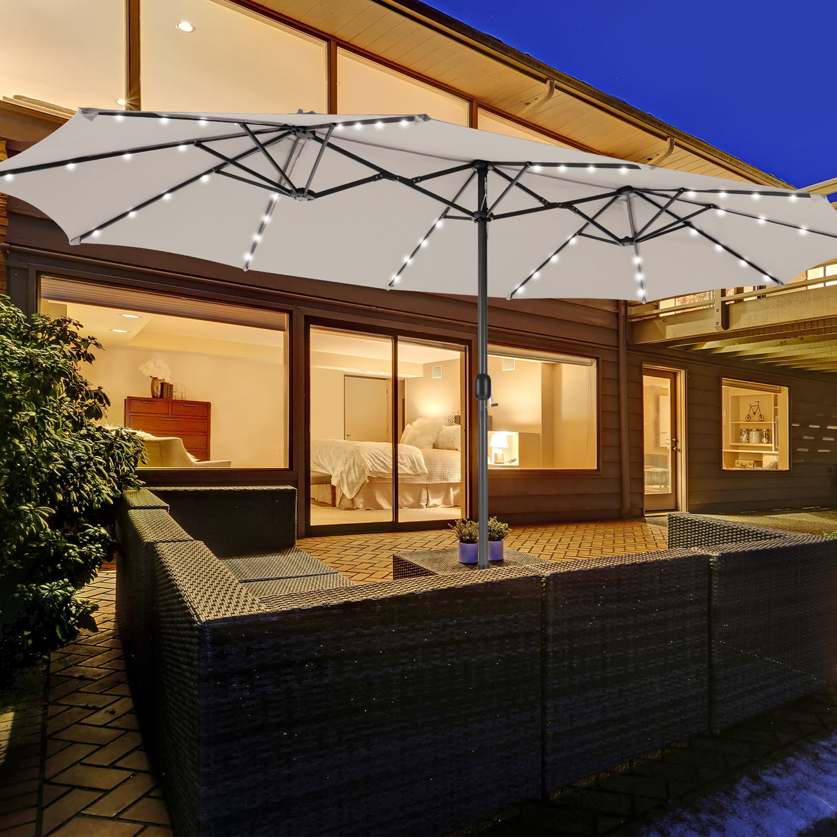 15 Feet Double-Sided Patio Umbrella with 48 LED Lights-Beige
