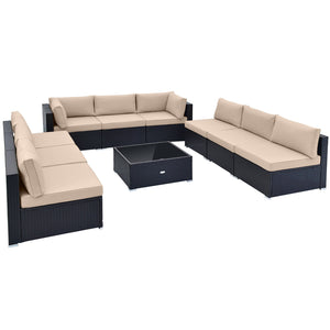 10 Piece Outdoor Wicker Conversation Set with Seat and Back Cushions-Beige by DirectDeals