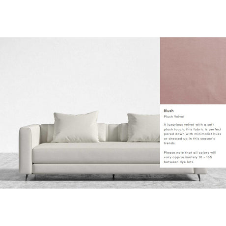 Displayed is the Berlin Sleeper Sofa, showcasing a contemporary design with clean lines and upholstered in plush velvet fabric in a blush pink shade. The accompanying text mentions the fabric type as "Blush Plush Velvet," highlighting potential color variations between different dye lots.