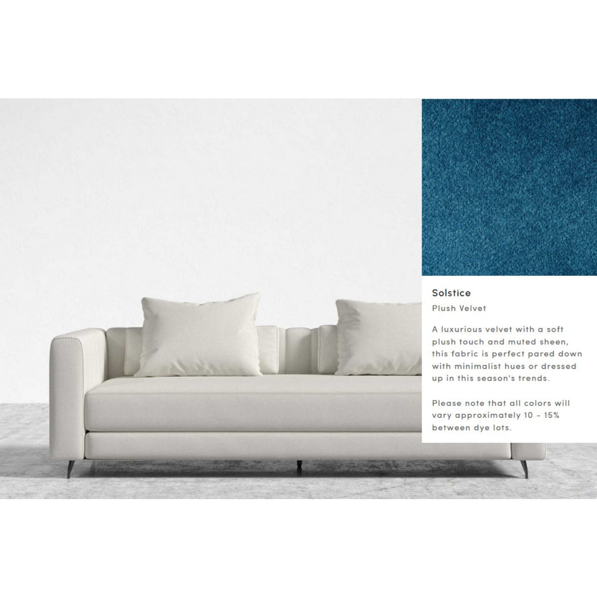 A contemporary Berlin Sleeper Sofa in white, accompanied by four cushions set against a white background. In the upper right corner, there is a close-up swatch of plush blue velvet fabric described as luxurious and possessing a muted sheen.