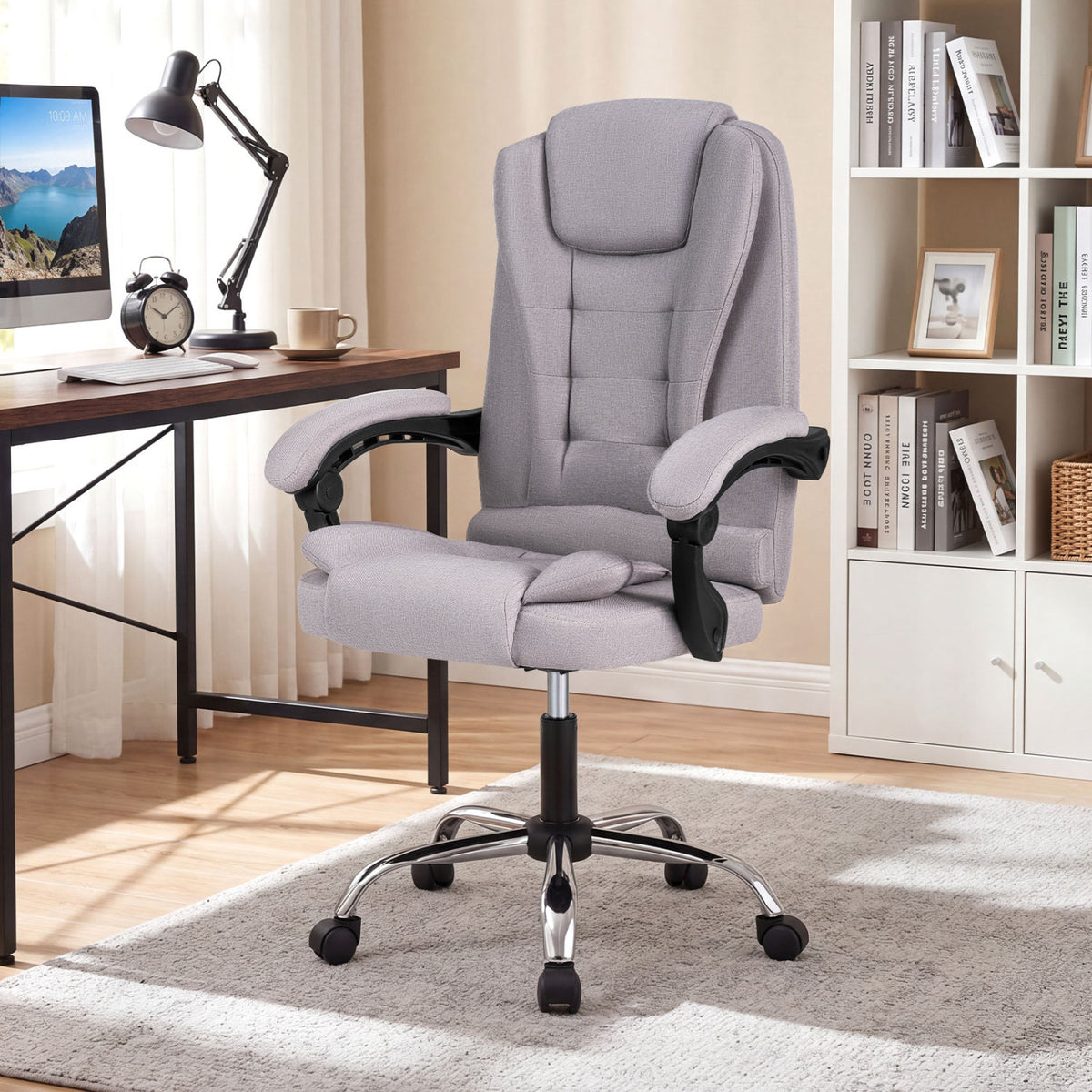 Big High Back Executive Chair with Linkage Armrests and Leather Padded Seat for Office-Gray