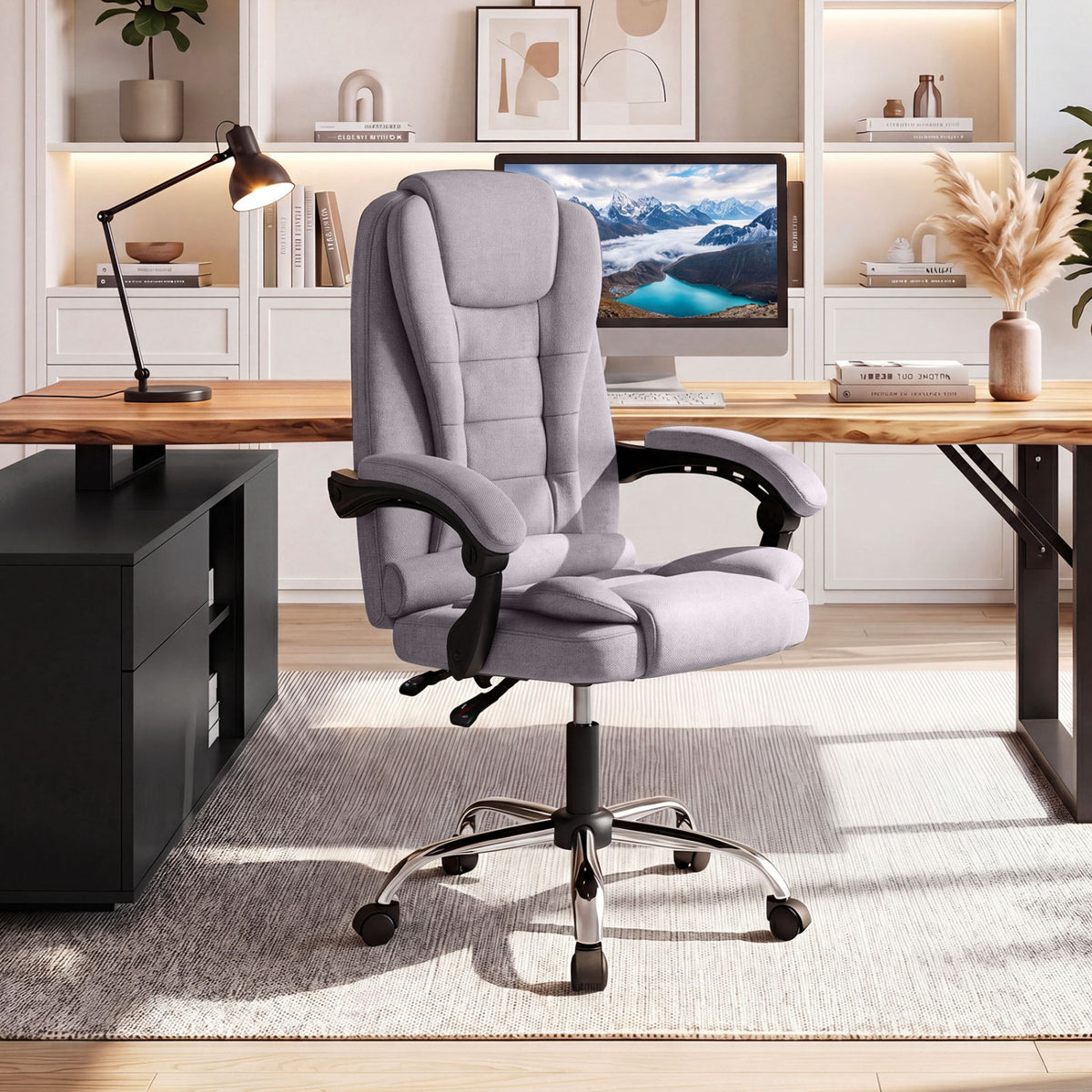 Big High Back Executive Chair with Linkage Armrests and Leather Padded Seat for Office-Gray