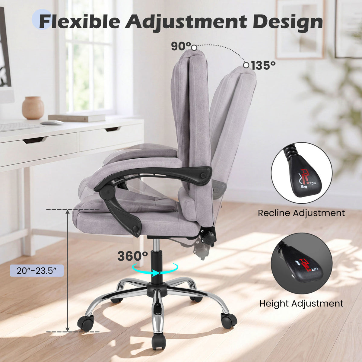 Big High Back Executive Chair with Linkage Armrests and Leather Padded Seat for Office-Gray