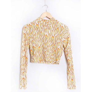 Biker Flame Mock Neck Long Sleeve Crop Top | Bold Printed Fitted Top [Sizes S–XL]