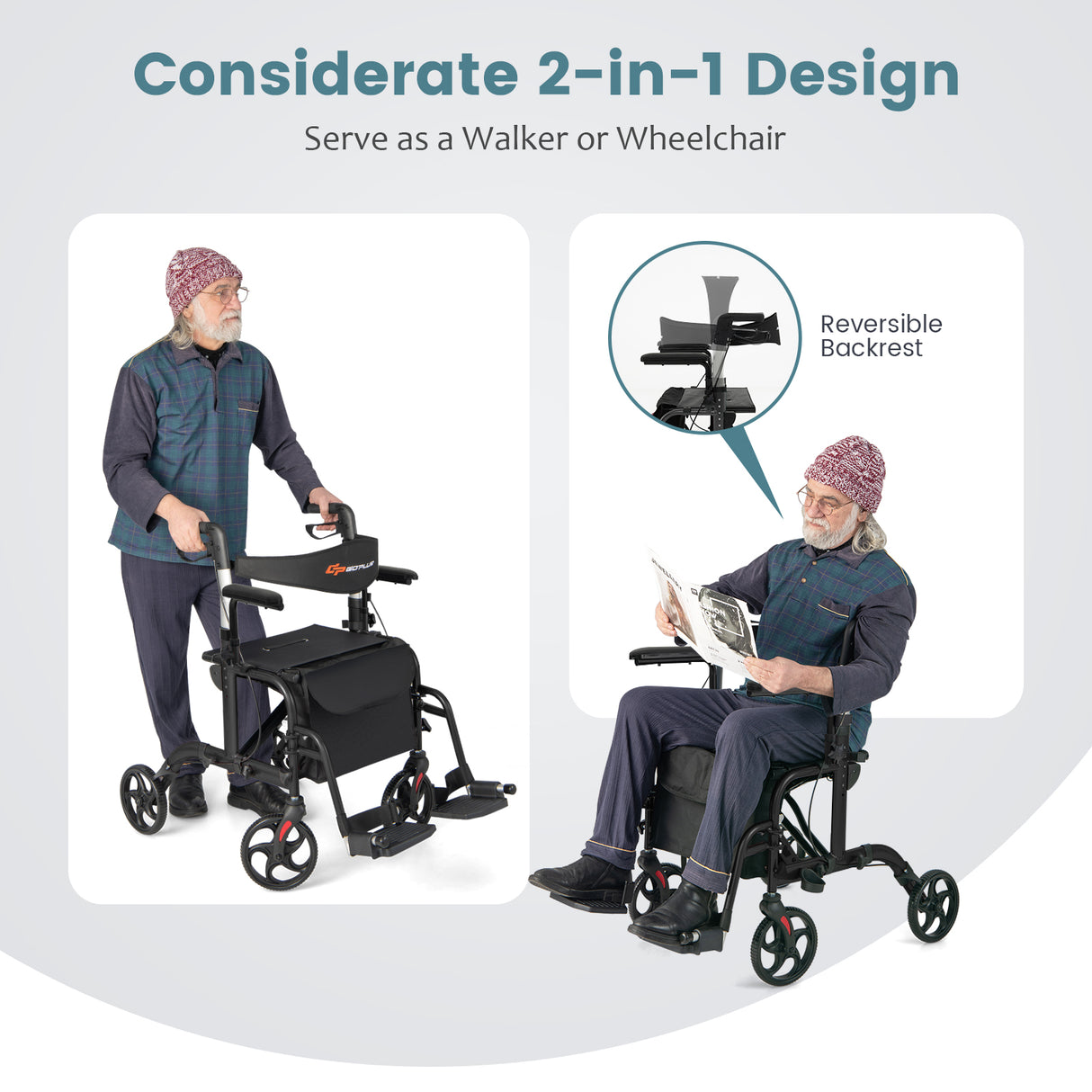 Folding Rollator Walker with Seat and Wheels Supports up to 300 lbs-Black