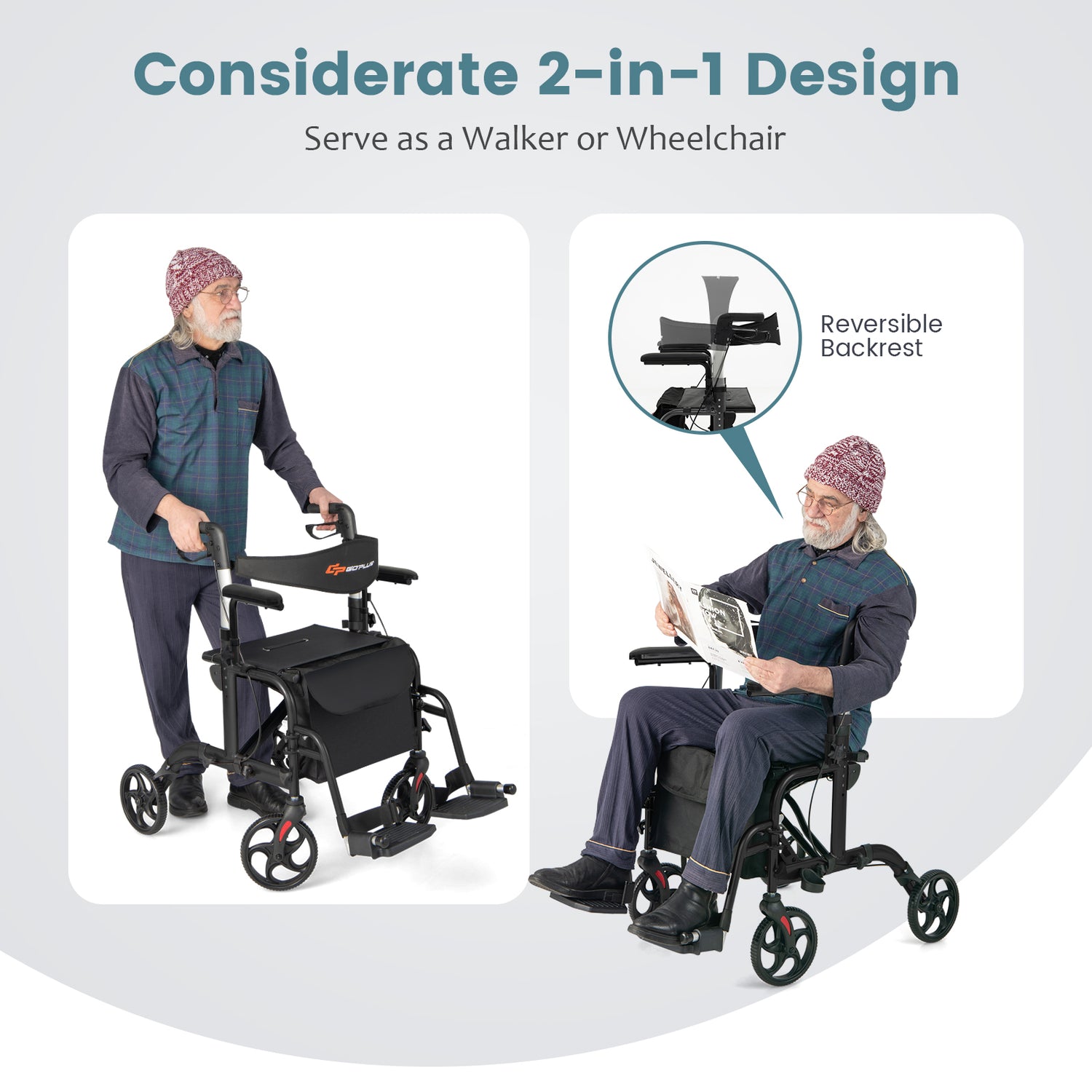 Folding Rollator Walker with Seat and Wheels Supports up to 300 lbs-Black