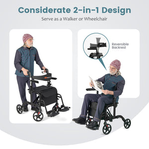 Folding Rollator Walker with Seat and Wheels Supports up to 300 lbs-Black