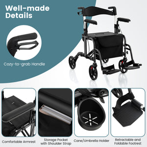 Folding Rollator Walker with Seat and Wheels Supports up to 300 lbs-Black