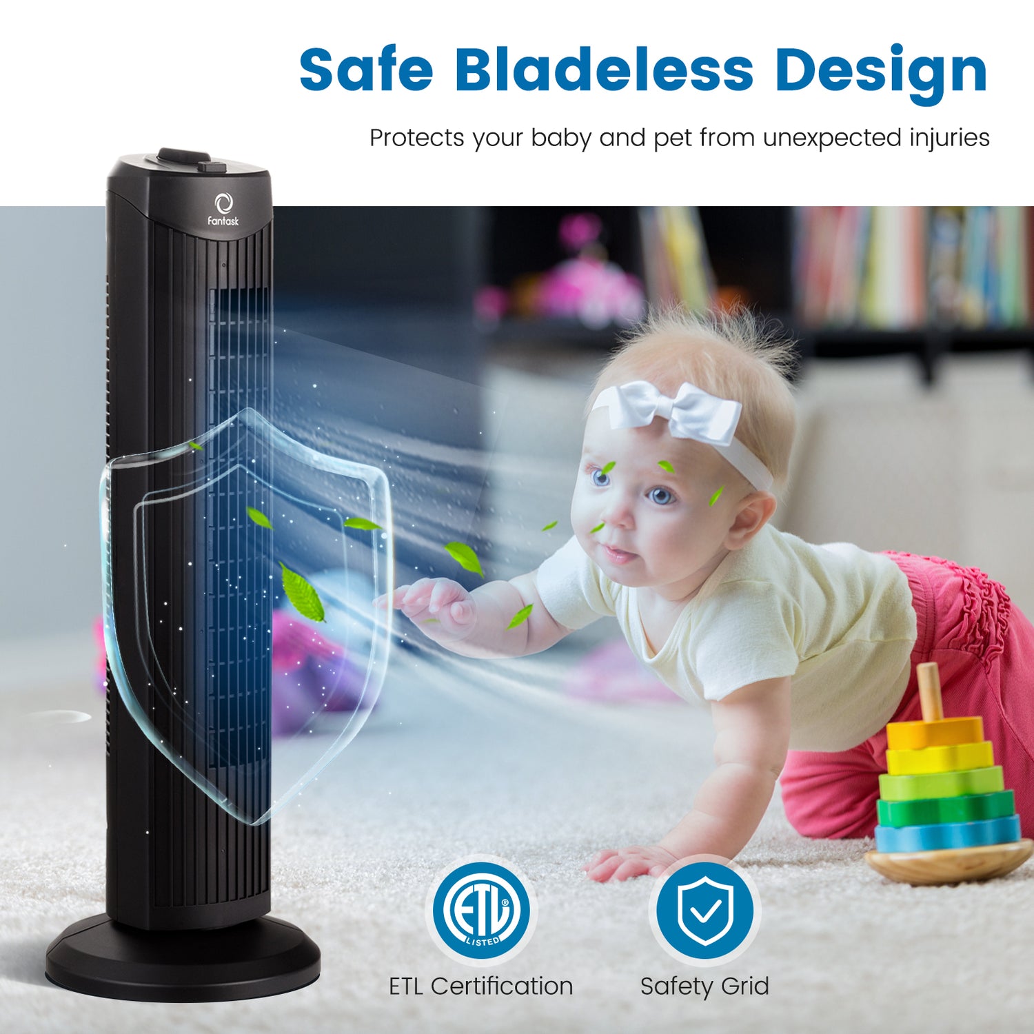 Fantask 35W 28 Inch Quiet Bladeless Oscillating Tower Fan-Black