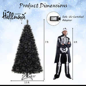 6/7/8 Feet Black Artificial Halloween Christmas Tree with PVC Branch Tips and 210/320/450 Cool White LED Lights-M