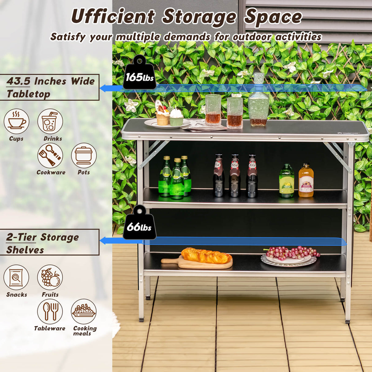 Folding Camping Table with 2-Tier Open Shelves for Outdoor BBQ-Coffee