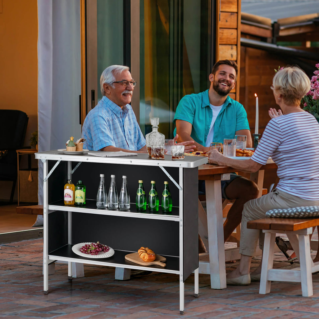 Folding Camping Table with 2-Tier Open Shelves for Outdoor BBQ-Coffee