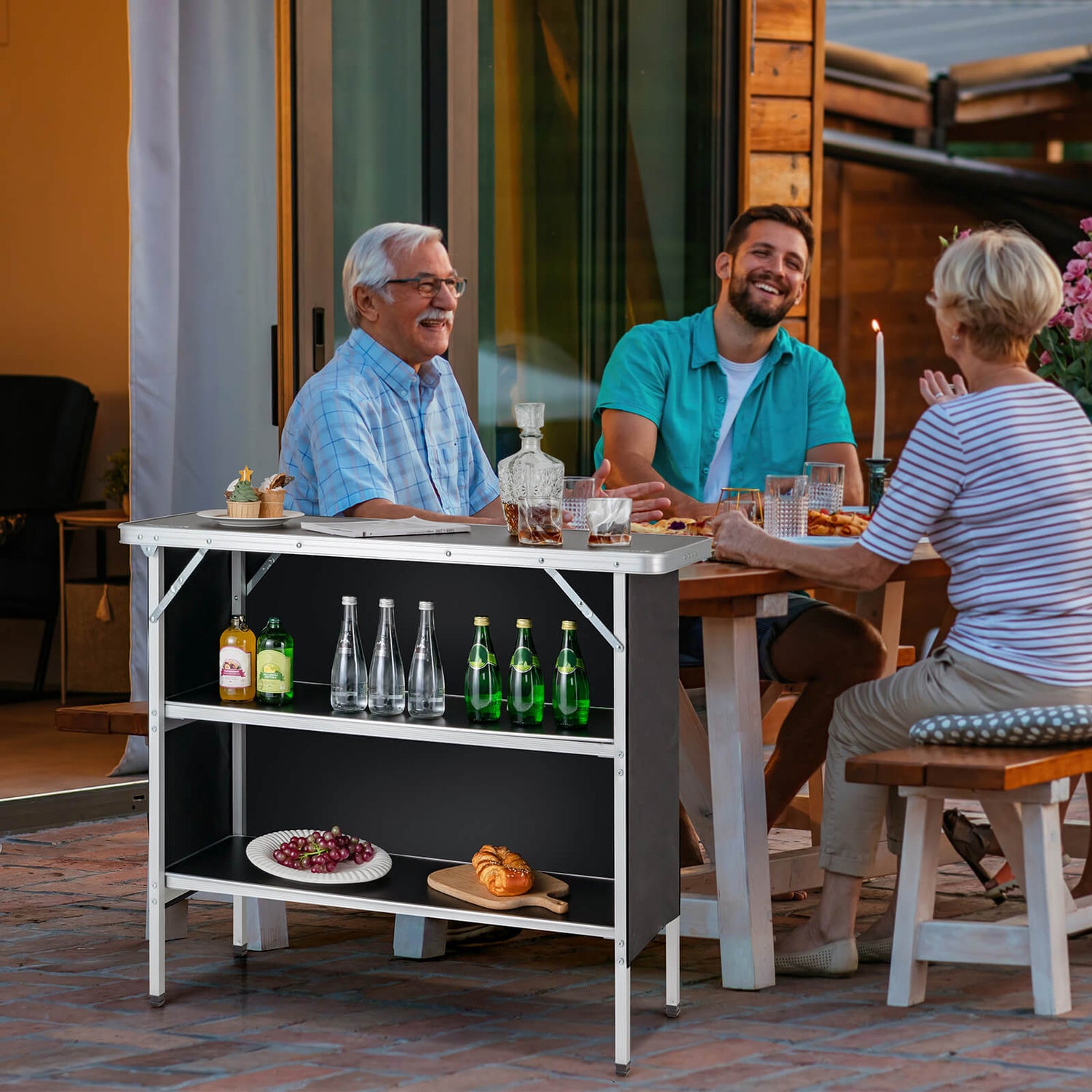 Folding Camping Table with 2-Tier Open Shelves for Outdoor BBQ-Coffee