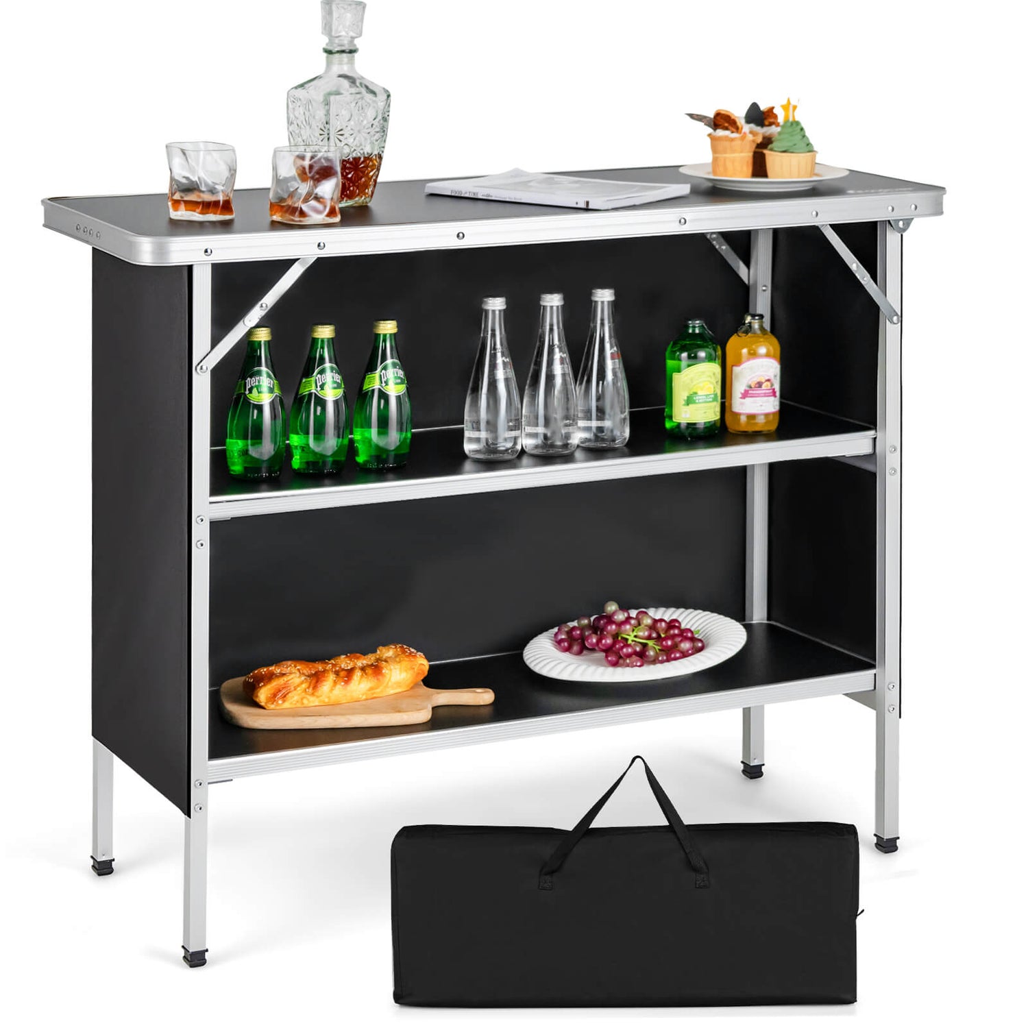 Folding Camping Table with 2-Tier Open Shelves for Outdoor BBQ-Coffee