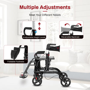 Folding Rollator Walker with 8-inch Wheels and Seat-Black