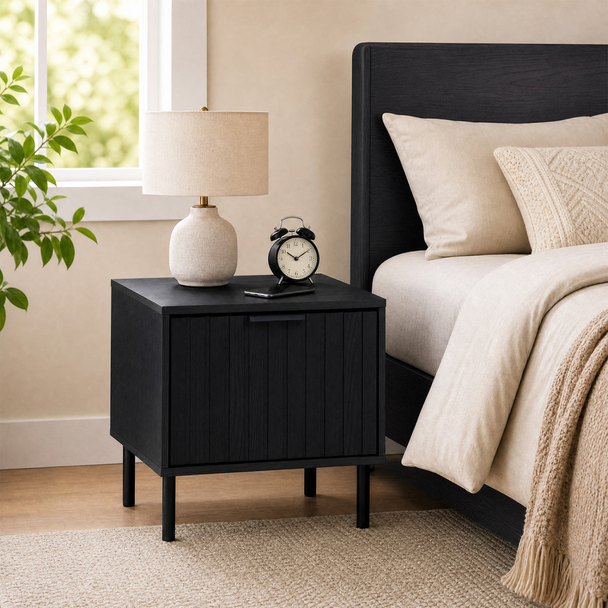 Black Modern Nightstand with Vertical-Striped Storage Drawer-Black