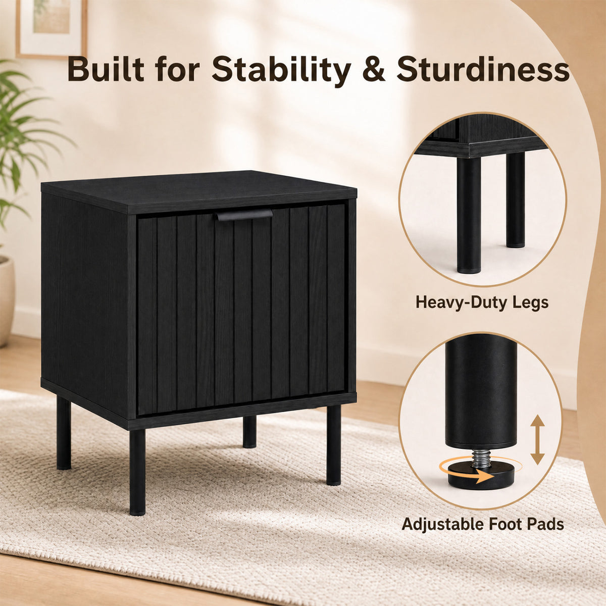 Black Modern Nightstand with Vertical-Striped Storage Drawer-Black
