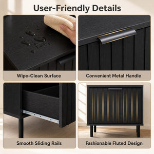 Black Modern Nightstand with Vertical-Striped Storage Drawer-Black