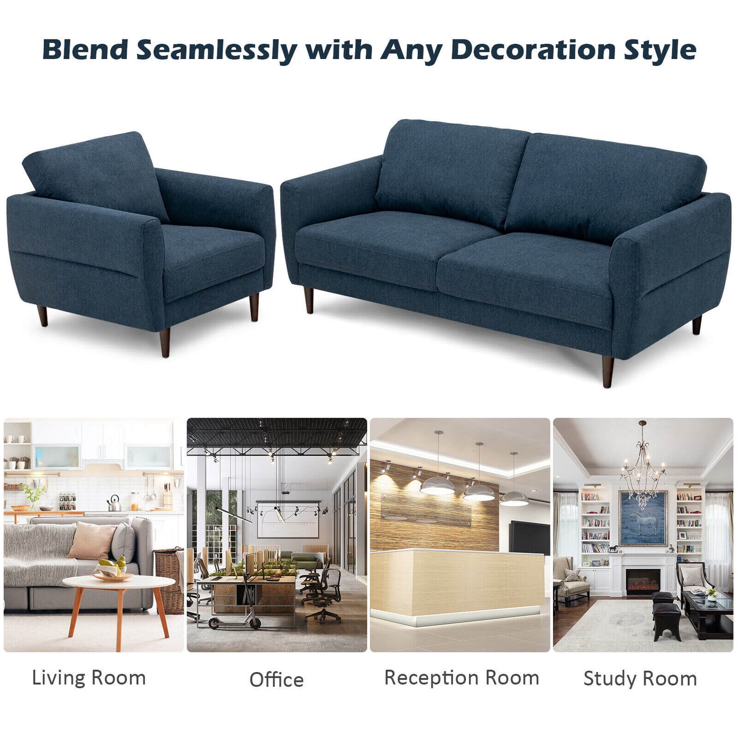 2 Pieces Upholstered Sofa Set with Removable Cushion Covers-Navy