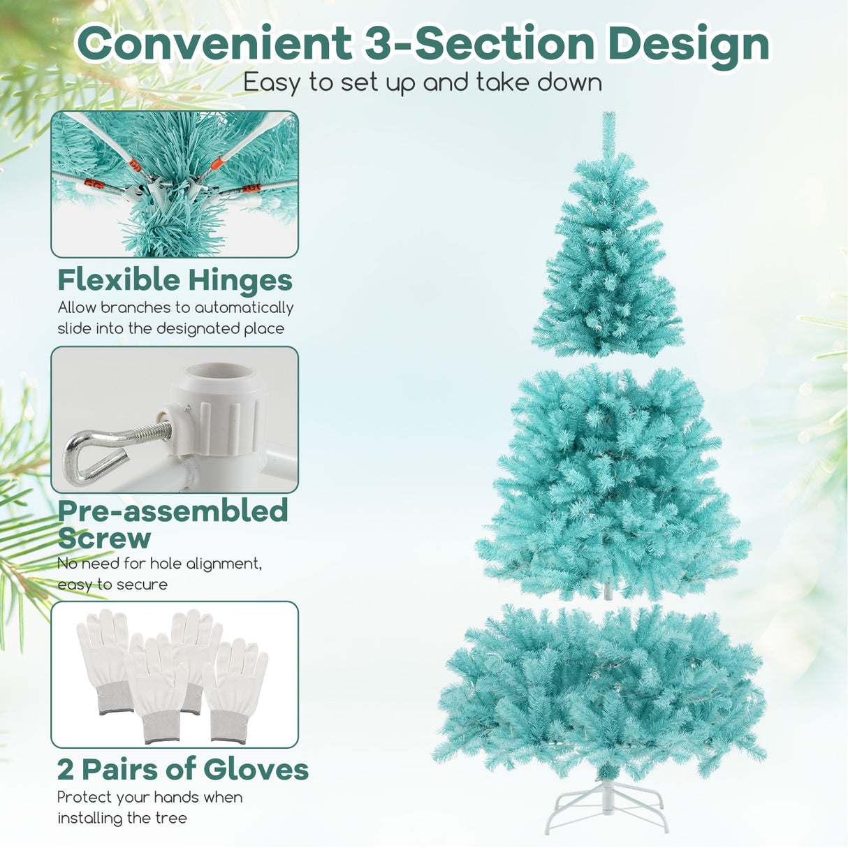 6/7 FT Blue Artificial Christmas Tree with 280/380 Warm White LED Lights and Foldable Metal Stand-6 FT