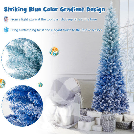 7 Feet Blue Gradient Snow Flocked Artificial Christmas Tree-Blue