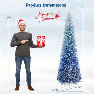 7 Feet Blue Gradient Snow Flocked Artificial Christmas Tree-Blue