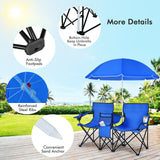 Portable Folding Picnic Double Chair with Umbrella-Blue
