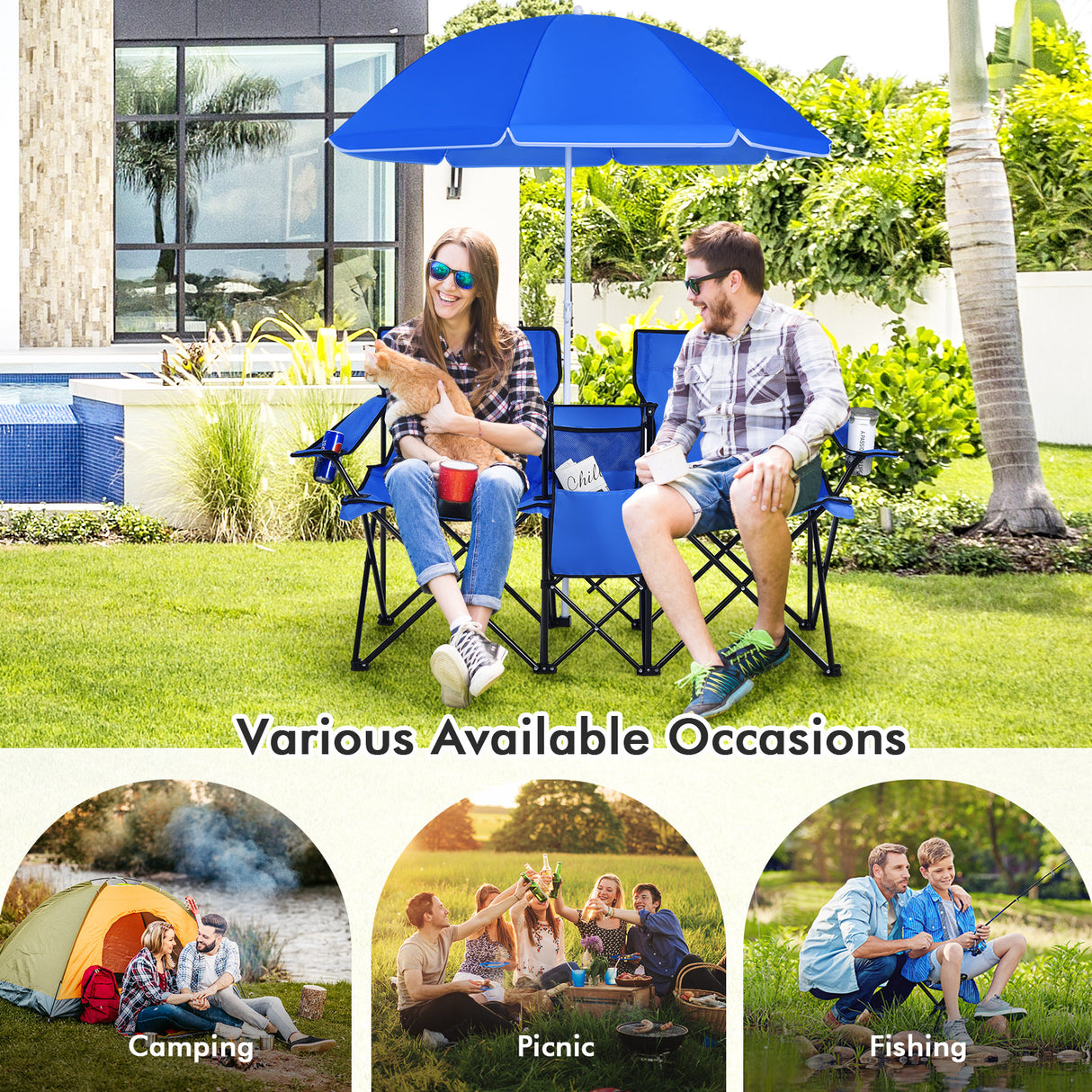 Portable Folding Picnic Double Chair with Umbrella-Blue